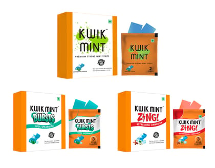 Kwik Mint Combo Offer - Sugar Free Mouth Freshener Breath Strips (Mints - Peppermint, Bursts - Spearmint and Zing - Cinnamon Flavoured) - Pack of 1