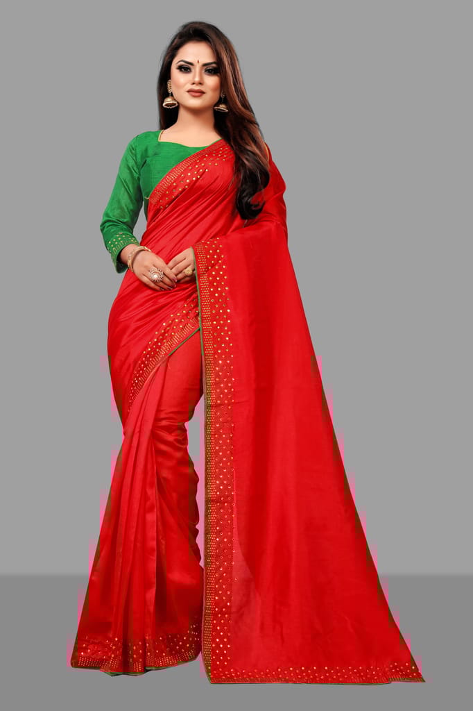 BGMK ENTERPRISE Zoya Red color Diamond Work Soft Silk Saree With Unstitched Blouse
