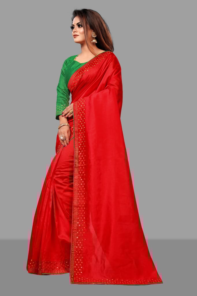 BGMK ENTERPRISE Zoya Red color Diamond Work Soft Silk Saree With Unstitched Blouse