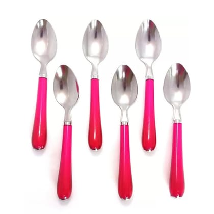 Qawvler Spoon Set Solid Plastic Handle Stainless Steel Spoon Set Pink (Pack of 6)