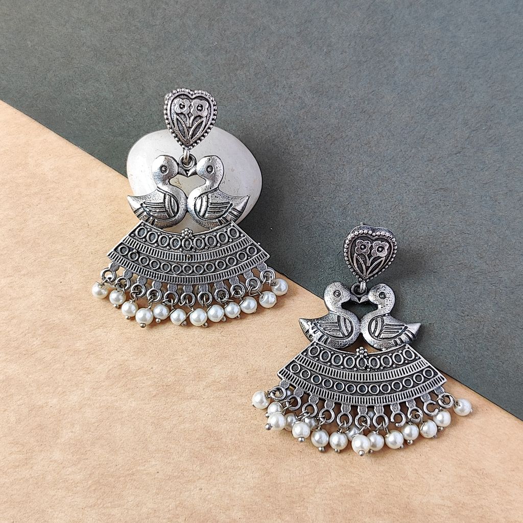 Antique Silver Look Alike Oxidized Peacock Dangler Drop Temple Earring For Women And Girls (Female) - Earrings | Buy online on ZillyBuy