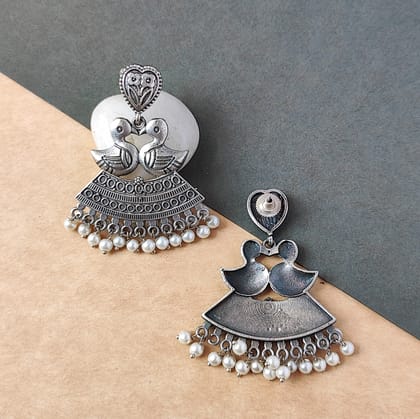 Antique Silver Look Alike Oxidized Peacock Dangler Drop Temple Earring For Women And Girls (Female)
