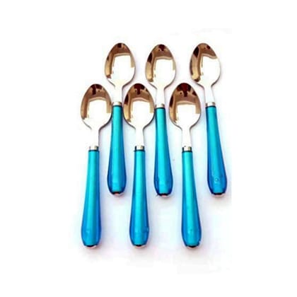 Qawvler Spoon Set Solid Plastic Handle Stainless Steel Spoon Set Blue (Pack of 6)