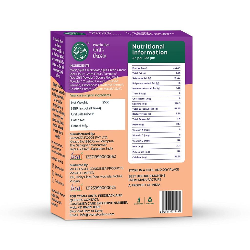 The Naturik Co Oats Cheela Mix, 250g, Ready to Cook Chilla/Dosa for Healthy Breakfast, 80% Oats and Pulses, 20% Protein, Anytime Snack for Kids and Family