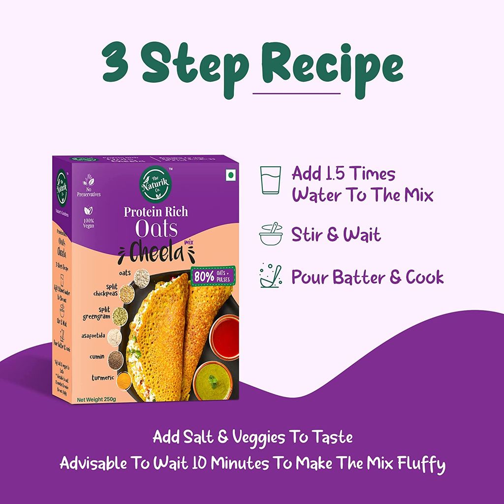 The Naturik Co Oats Cheela Mix, 250g, Ready to Cook Chilla/Dosa for Healthy Breakfast, 80% Oats and Pulses, 20% Protein, Anytime Snack for Kids and Family