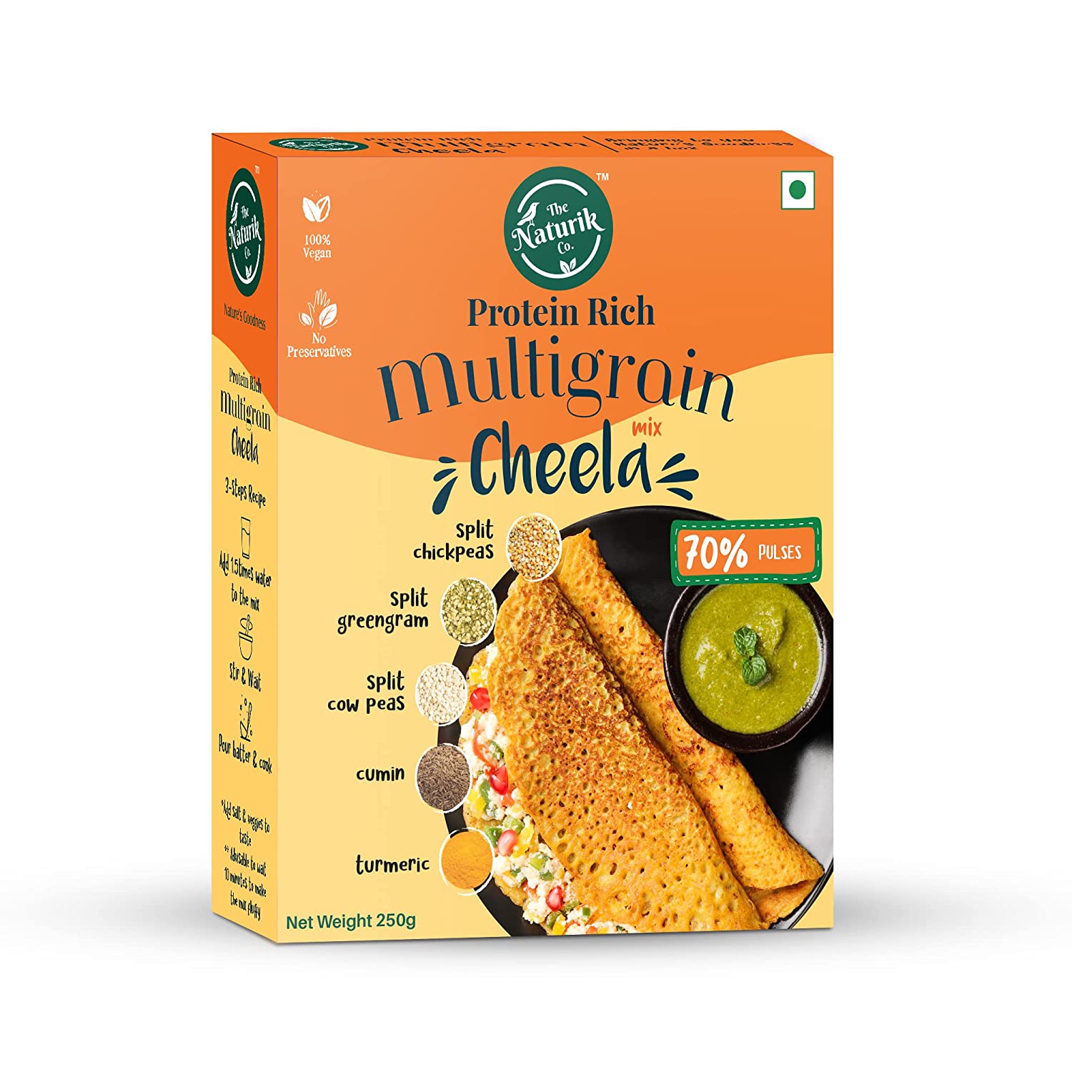 The Naturik Co Multigrain Cheela Mix, 250g, Dosa for Healthy Breakfast/Ready to Cook Chilla, 70% Pulses, 20% Protein, Snack for Kids and Family