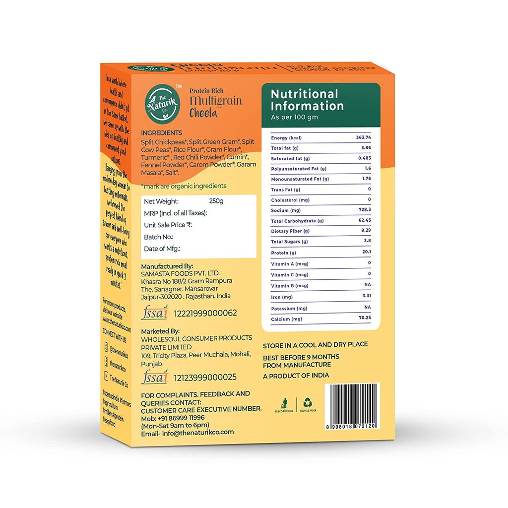 The Naturik Co Multigrain Cheela Mix - 250g each (Pack of 2), Healthy Breakfast, 70% Pulses, 20% Protein, Ready to Cook Chilla/Dosa, Anytime Snack for Kids and Family
