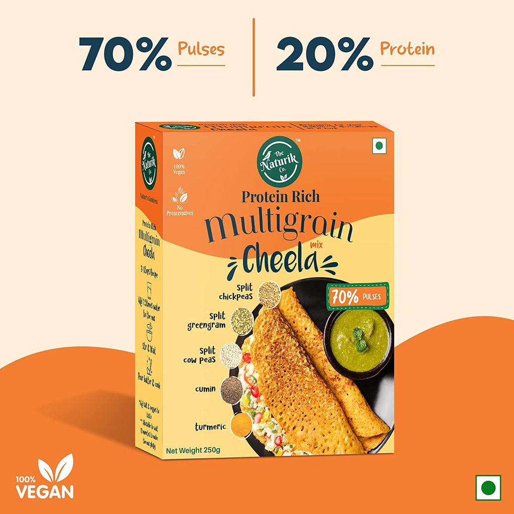 The Naturik Co Multigrain Cheela Mix - 250g each (Pack of 2), Healthy Breakfast, 70% Pulses, 20% Protein, Ready to Cook Chilla/Dosa, Anytime Snack for Kids and Family