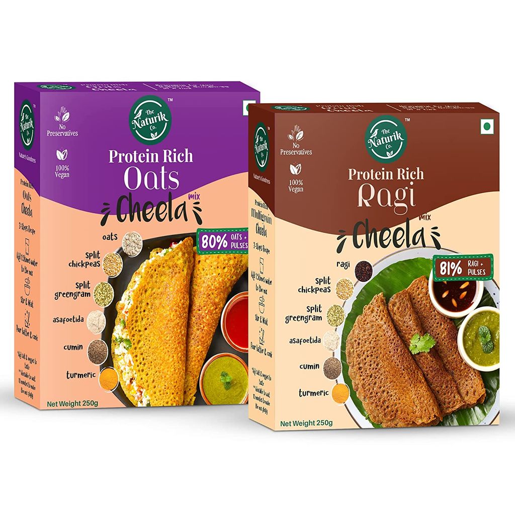 The Naturik Co Oats and Ragi Cheela Mix Combo - 250g each (Pack of 2), Snack for Kids and Family, Ready to Cook Chilla/Dosa for Healthy Breakfast, 20% Protein