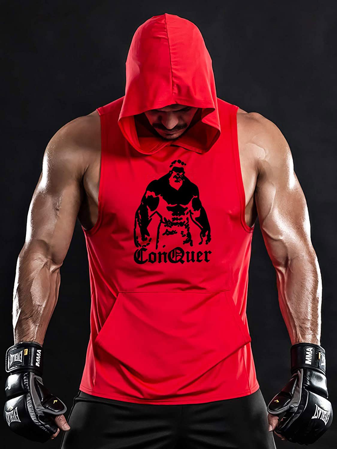 Hot Button Conquer Printed Stringer Gym Vest Hoodie for Men Y Back Design