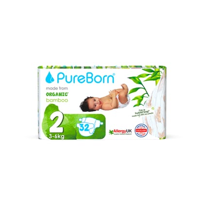 Pureborn Organic Disposable diapers | 3 - 6 kg | 32 Pcs| Size 2 | Super Soft | Maximum Leakage Protection Single Pack