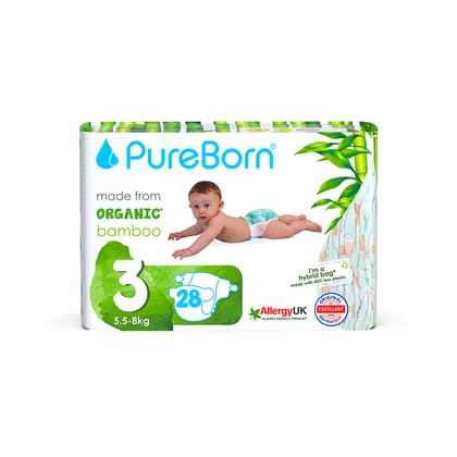 Pureborn Organic Disposable diapers | 5.5 - 8 Kg | 28 Pcs| Size 3 | Super Soft | Maximum Leakage Protection Single Pack