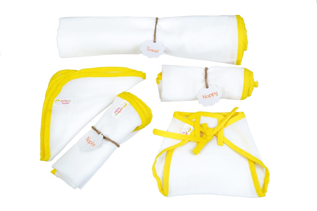 Gift set for Newborn children - 3 Nappies, 3 Napkins, and 1 Towel in Yellow