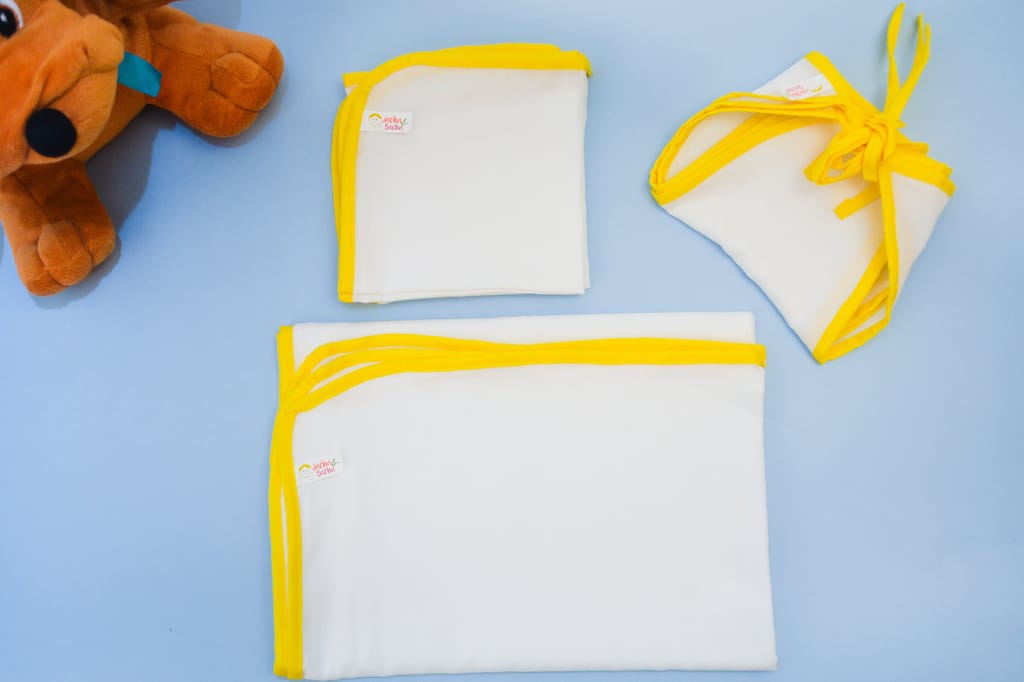 Gift set for Newborn children - 3 Nappies, 3 Napkins, and 1 Towel in Yellow