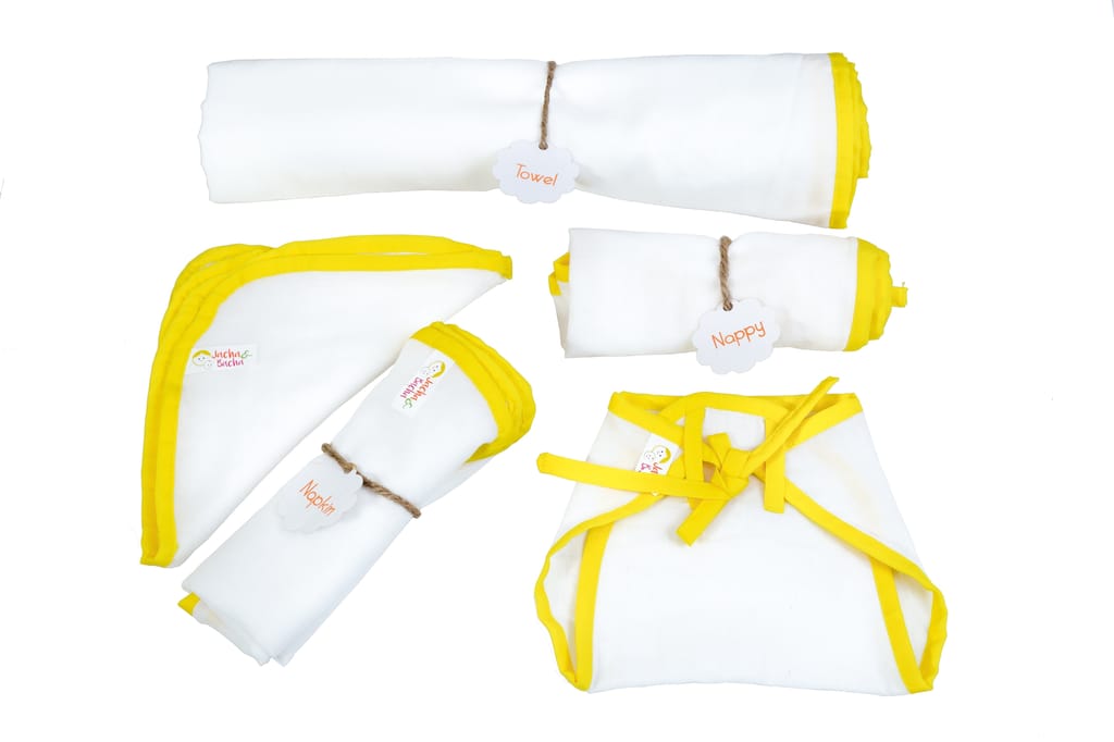 Gift set for Newborn children - 3 Nappies, 3 Napkins, and 1 Towel in Yellow