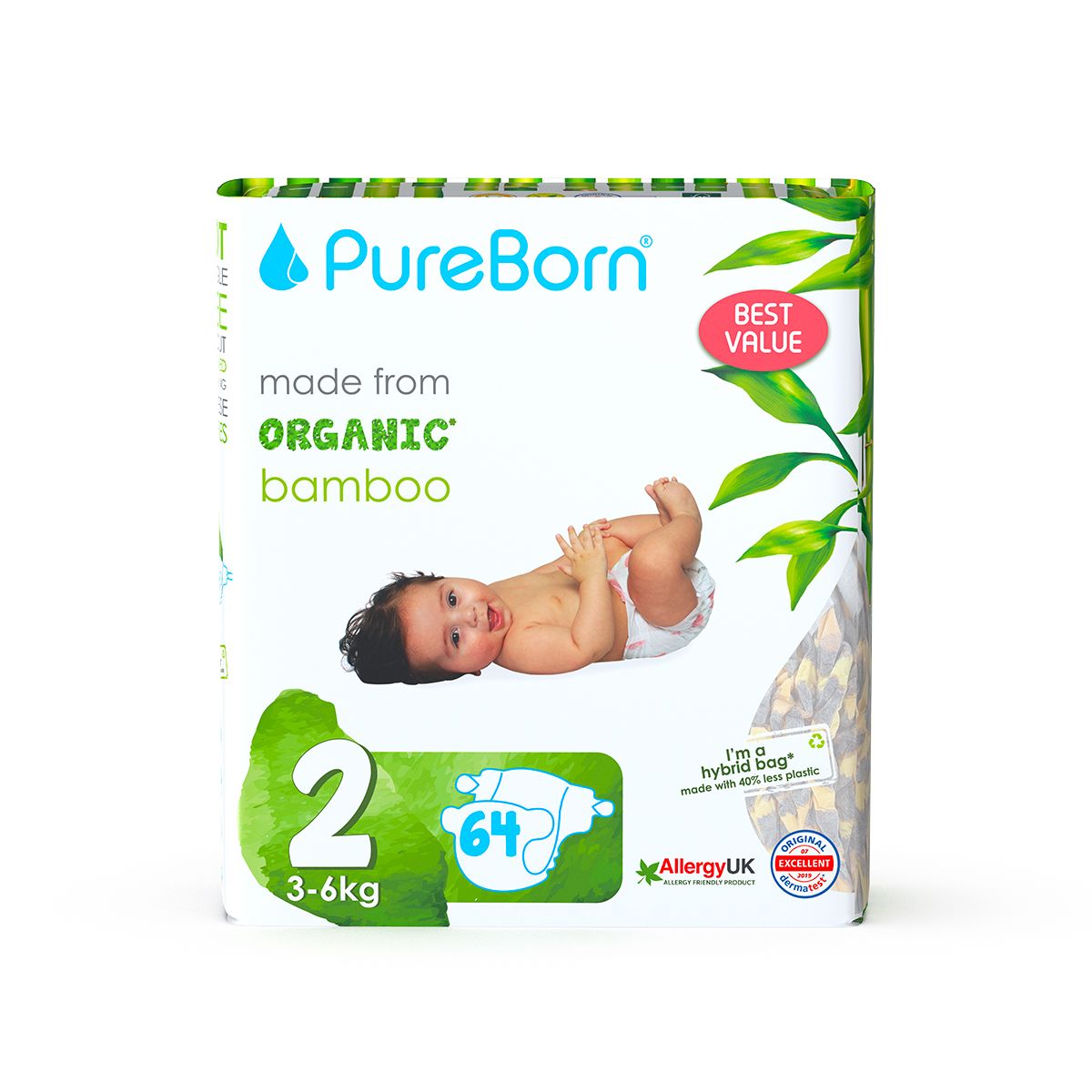Pureborn Organic Disposable diapers 3 - 6 Kg | 64 Pcs | Size 2 | Super Soft | Maximum Leakage Protection Double Pack