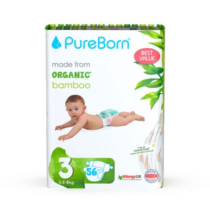 Pureborn Organic Disposable diapers 5.5 - 8 kg | 56 Pcs| Size 3 | Super Soft | Maximum Leakage Protection Double Pack