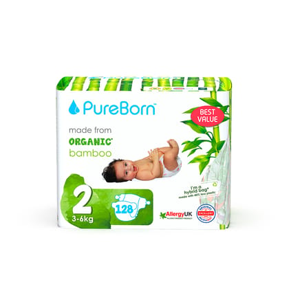 Pureborn Organic Disposable diapers 3 - 6 kg | 128 Pcs| Size 2 | Super Soft | Maximum Leakage Protection Master Pack