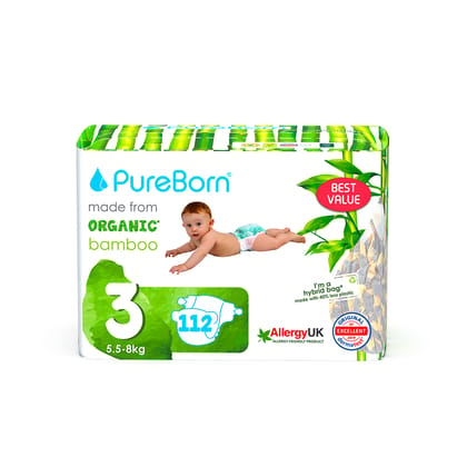 Pureborn Organic Disposable diapers 5.5 8 kg | 112 Pcs| Size 3 | Super Soft | Maximum Leakage Protection Master Pack