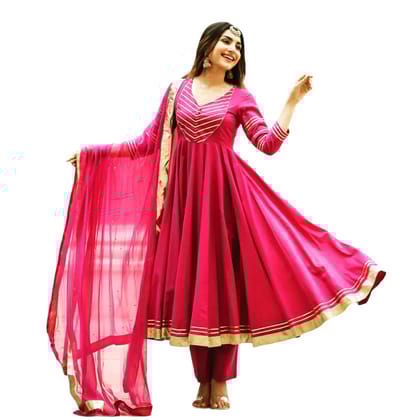 TIC Stylish Anarkali Red Kurti with Pants and Dupatta Rayon Fabric with Gotta Lace Work (X-Large)