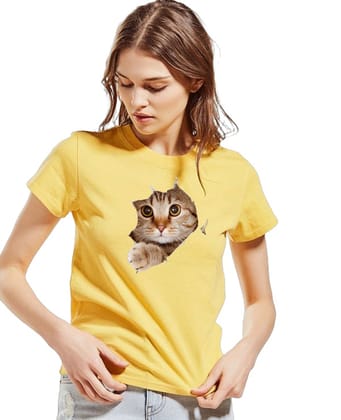 Cute Cat Half Yellow Tshirt For Women