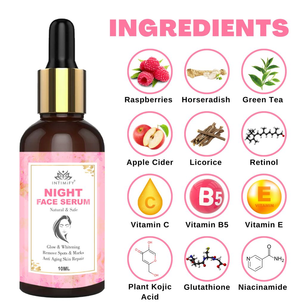 Intimify Night Face Serum, skin brightening serum, face serum, vitamin c face serum, anti acne serum, 10 ml