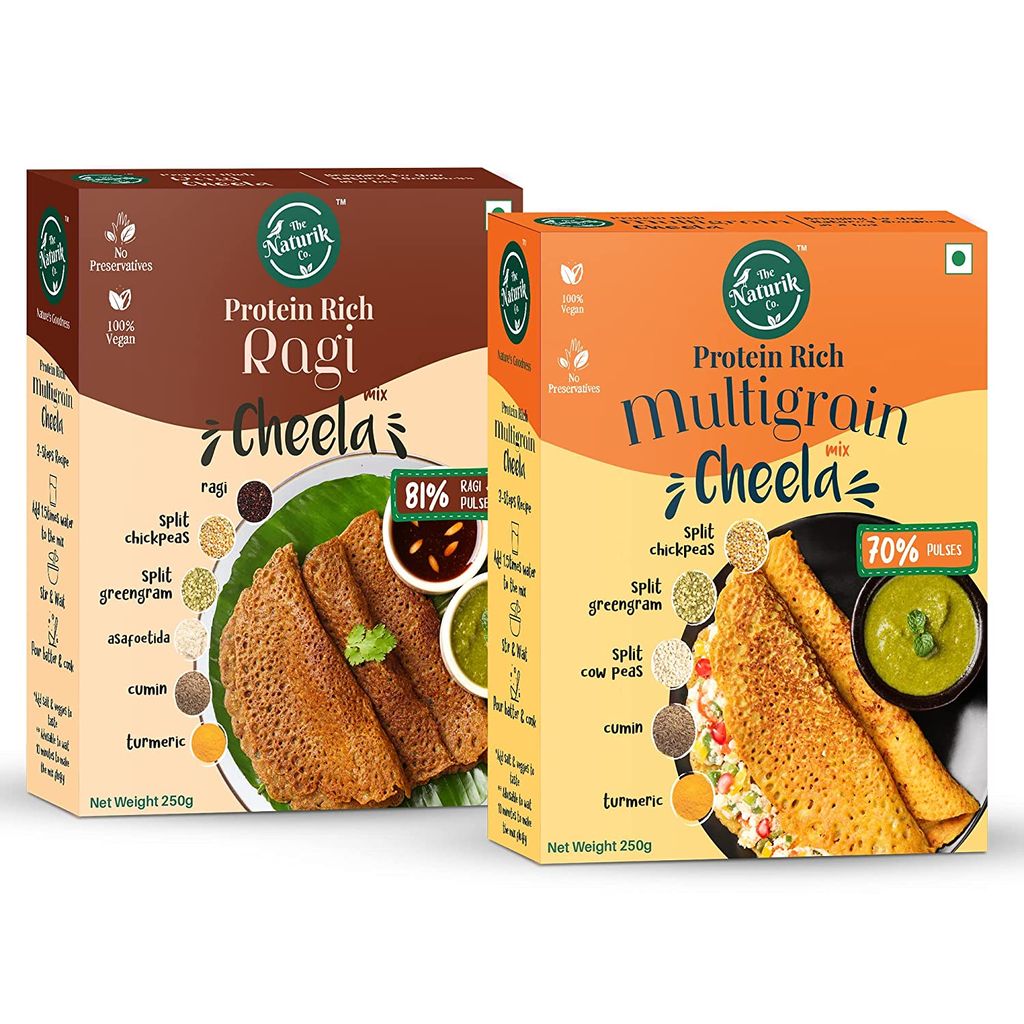 The Naturik Co Ragi and Multigrain Cheela Mix Combo - 250g each (Pack of 2), Ready to Cook Chilla/Dosa, Protein Rich Healthy Breakfast, 20% Protein, Anytime Snack for Kids and Family