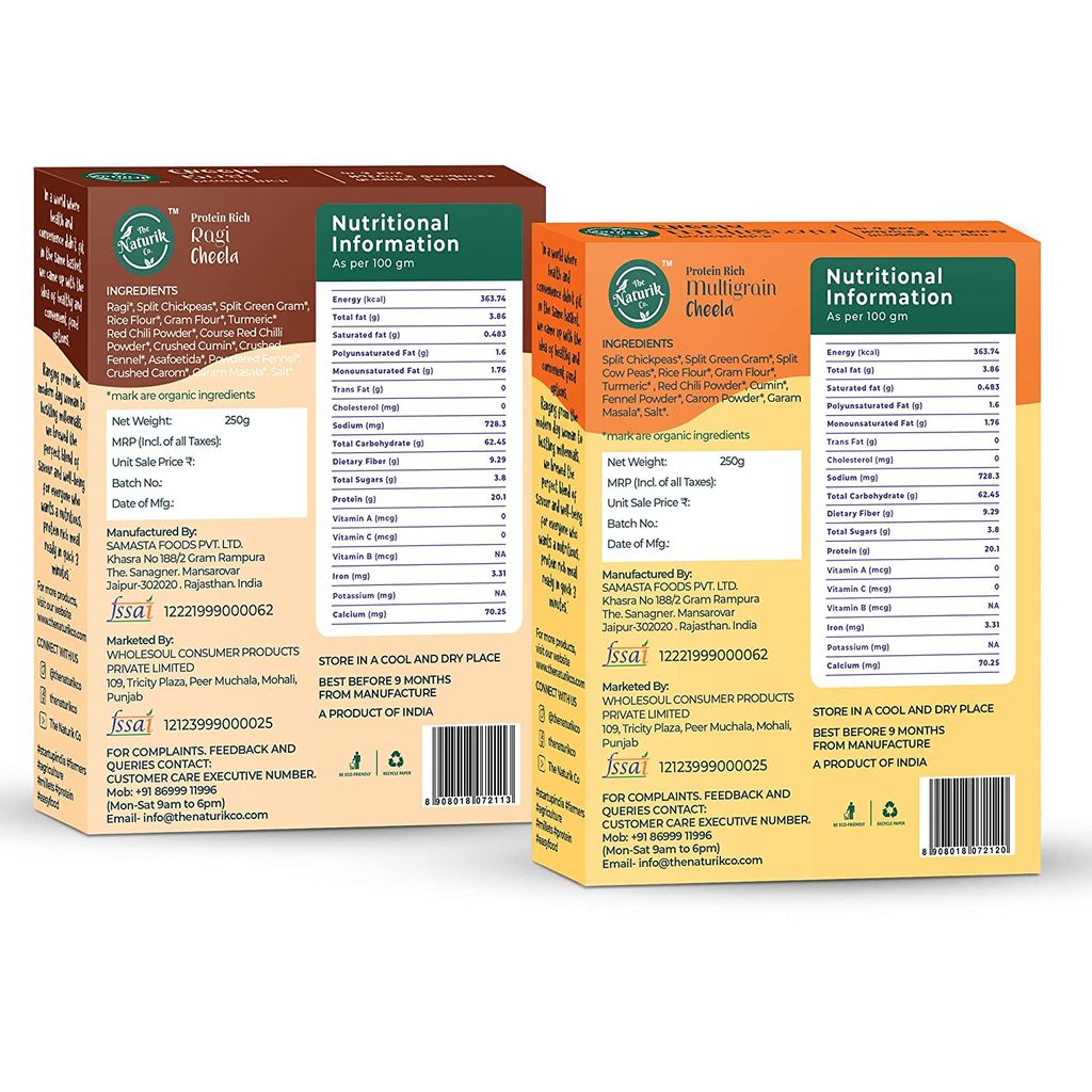 The Naturik Co Ragi and Multigrain Cheela Mix Combo - 250g each (Pack of 2), Ready to Cook Chilla/Dosa, Protein Rich Healthy Breakfast, 20% Protein, Anytime Snack for Kids and Family