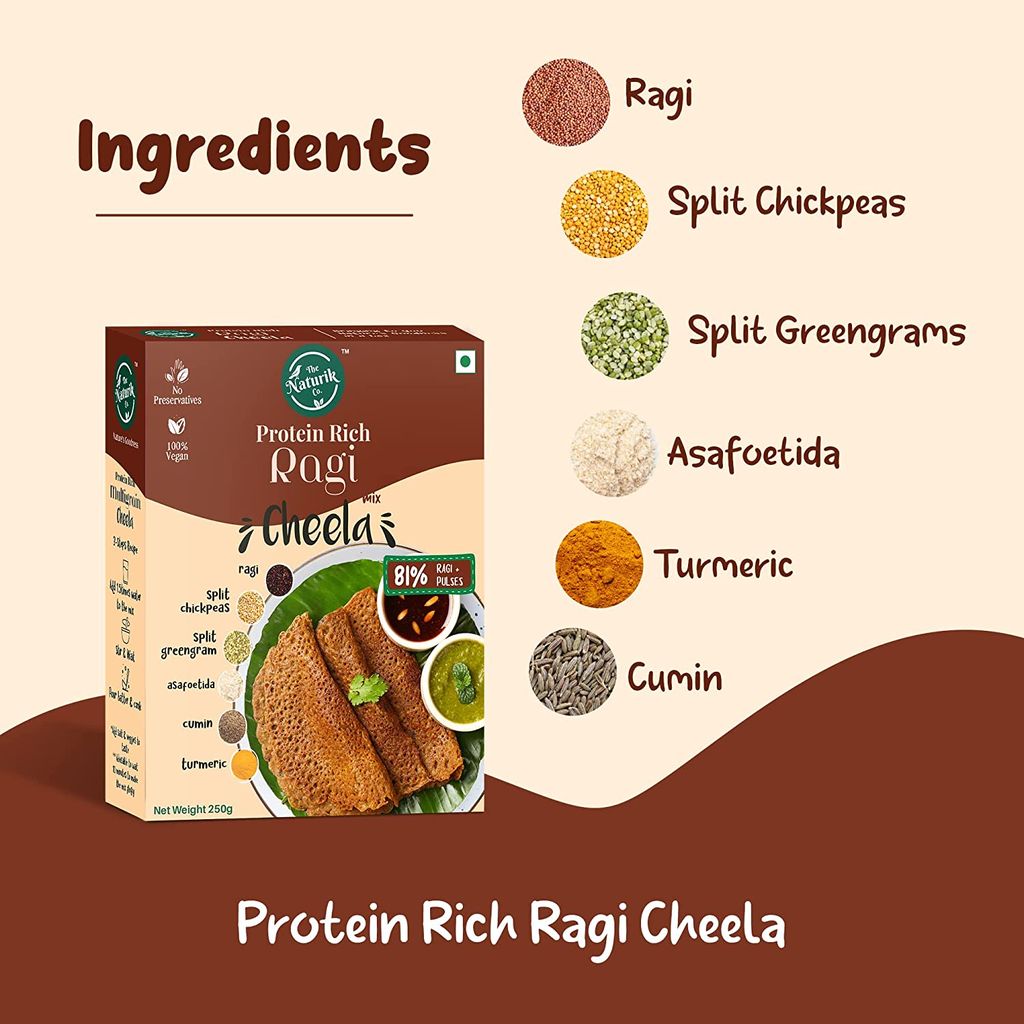 The Naturik Co Ragi and Multigrain Cheela Mix Combo - 250g each (Pack of 2), Ready to Cook Chilla/Dosa, Protein Rich Healthy Breakfast, 20% Protein, Anytime Snack for Kids and Family