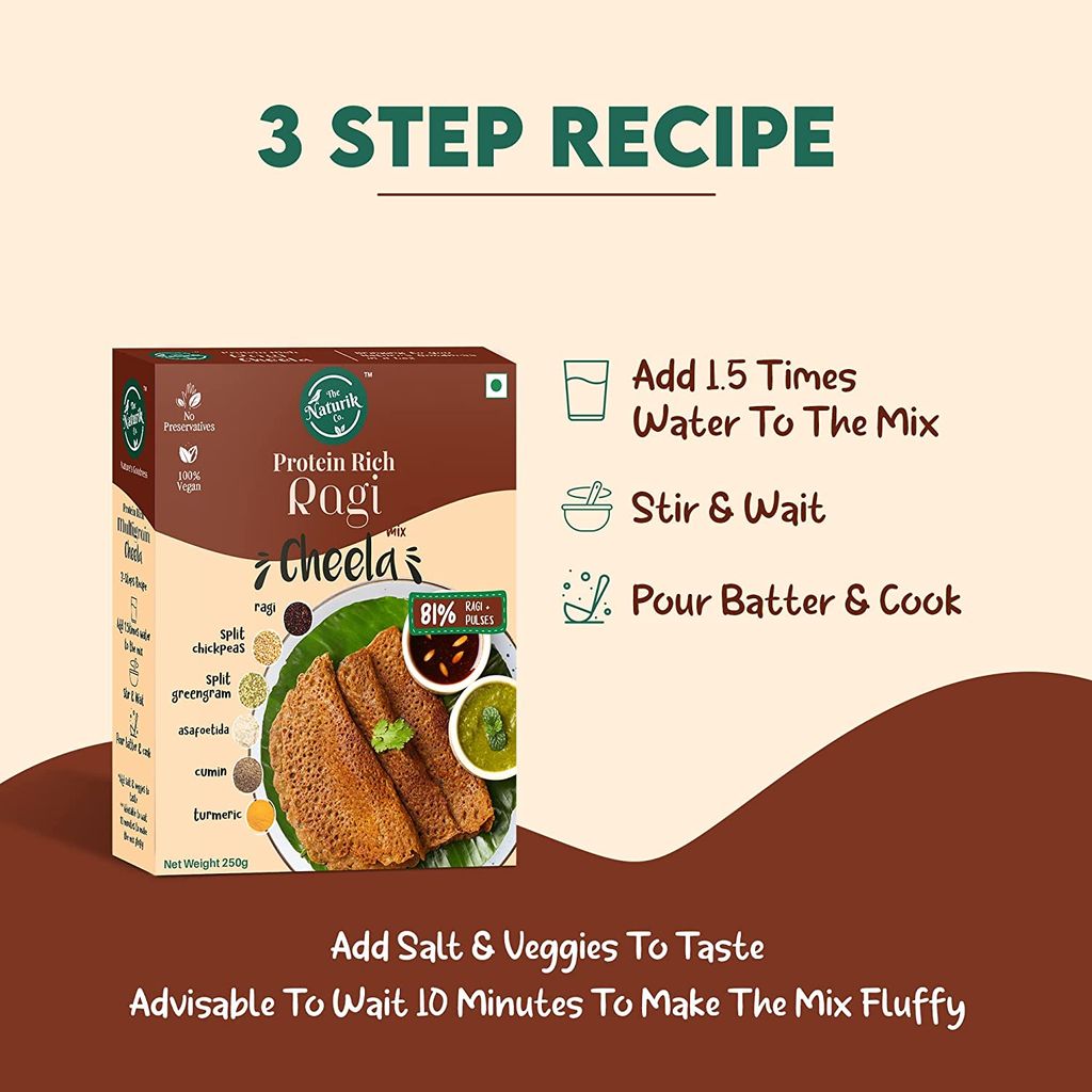 The Naturik Co Ragi and Multigrain Cheela Mix Combo - 250g each (Pack of 2), Ready to Cook Chilla/Dosa, Protein Rich Healthy Breakfast, 20% Protein, Anytime Snack for Kids and Family