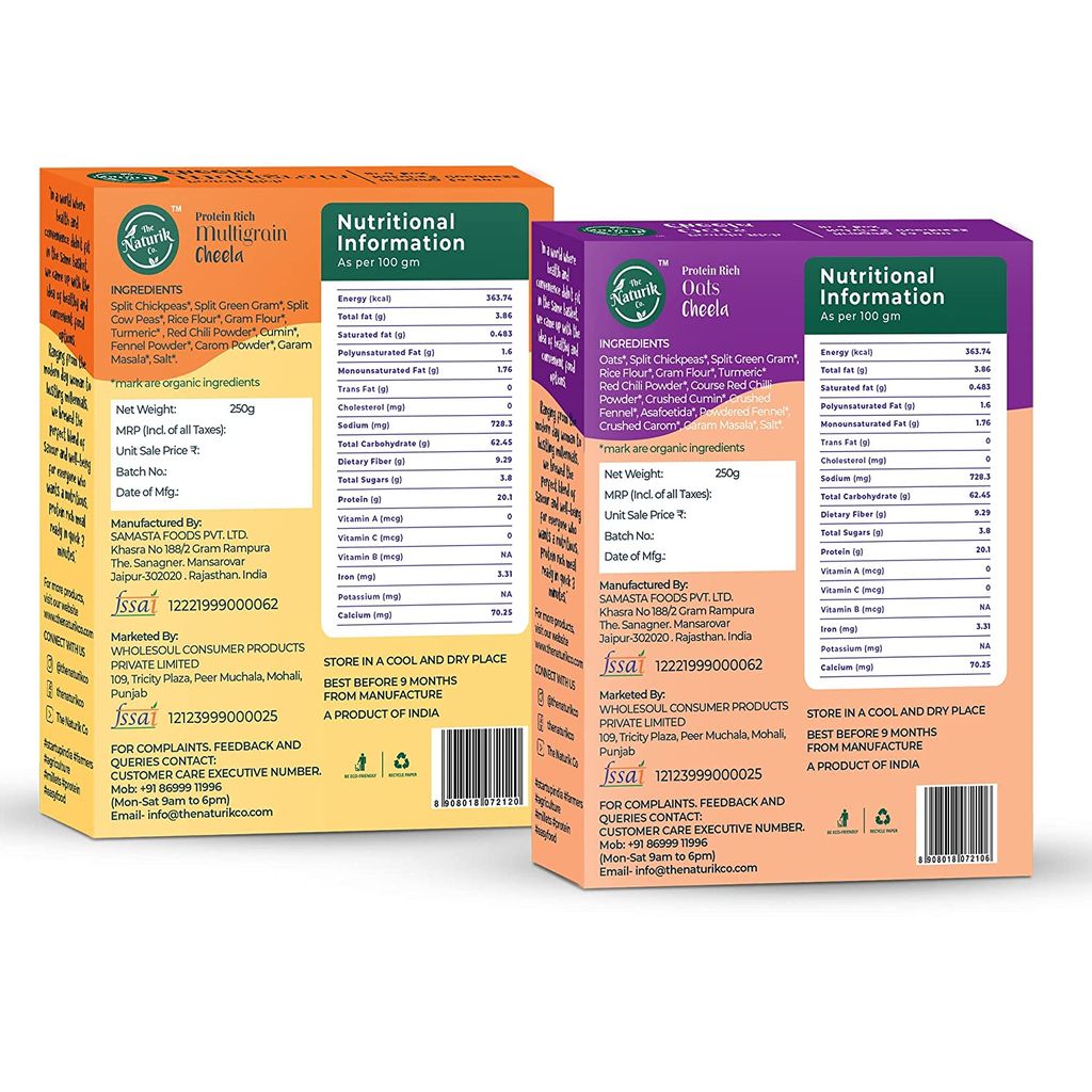 The Naturik Co Oats and Multigrain Cheela Mix Combo - 250g each (Pack of 2), Chilla/Dosa for Ready to Cook, Healthy Breakfast, 20% Protein, Anytime Snack for Kids and Family