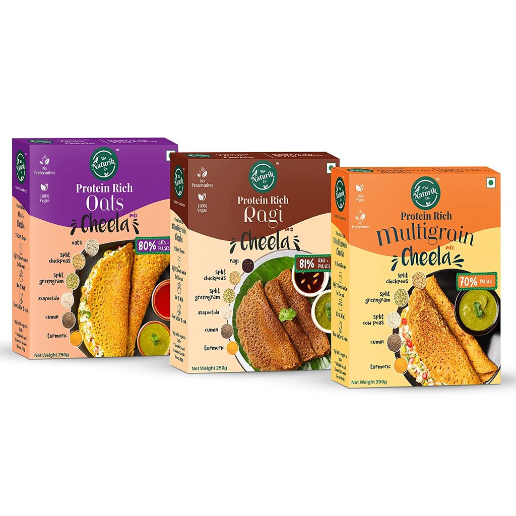 The Naturik Co Oats, Ragi and Multigrain Cheela Mix Combo, Snack for Kids and Family 250g each (Pack of 3), Ready to Cook Chilla/Dosa for Healthy Breakfast, 20% Protein,