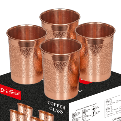 Dr's Choice Pure Copper Embossed Design Water Glass Set of 4pc