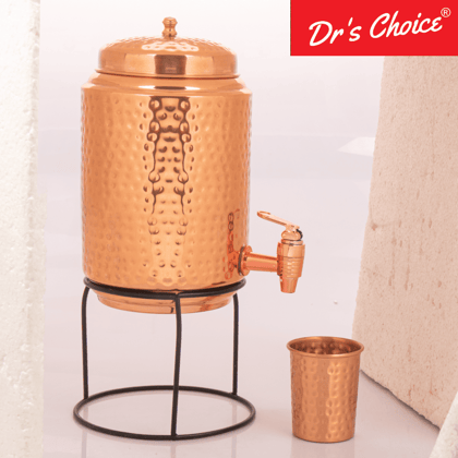 Dr's Choice Hammered Copper Water Matka Pot 5000ML - 5Ltr with Stand & One Glass