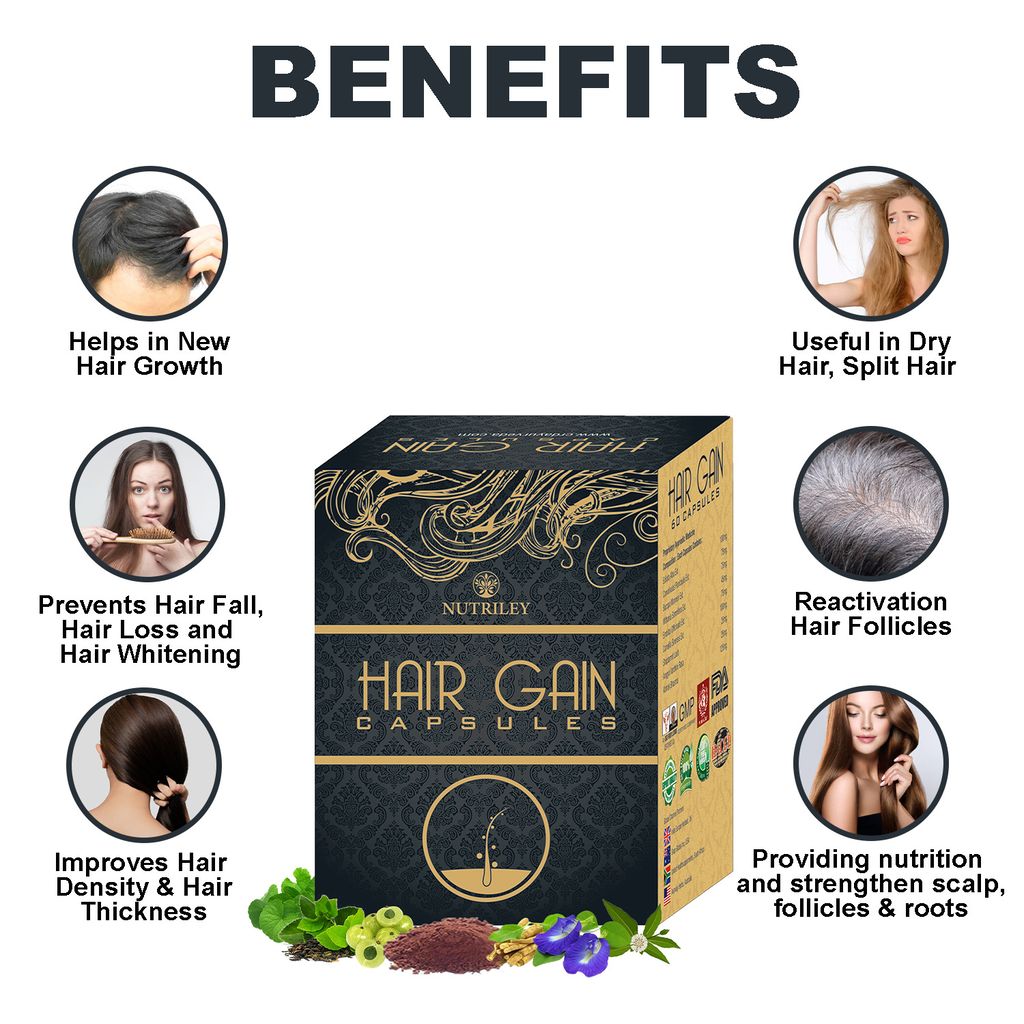 Nutriley Hair Gain - Hair Regeneration Capsules for Hair Fall, Hair Regrowth & Hair Loss Supplement (60 caps)