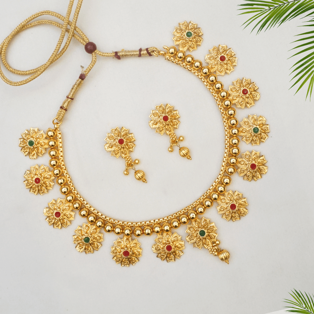 Gold-Plated Stone-Studded & Beaded Jewellery Set