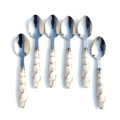 Qawvler Spoons Set Premium White Marble Design Dinner Spoon (Pack of 6)