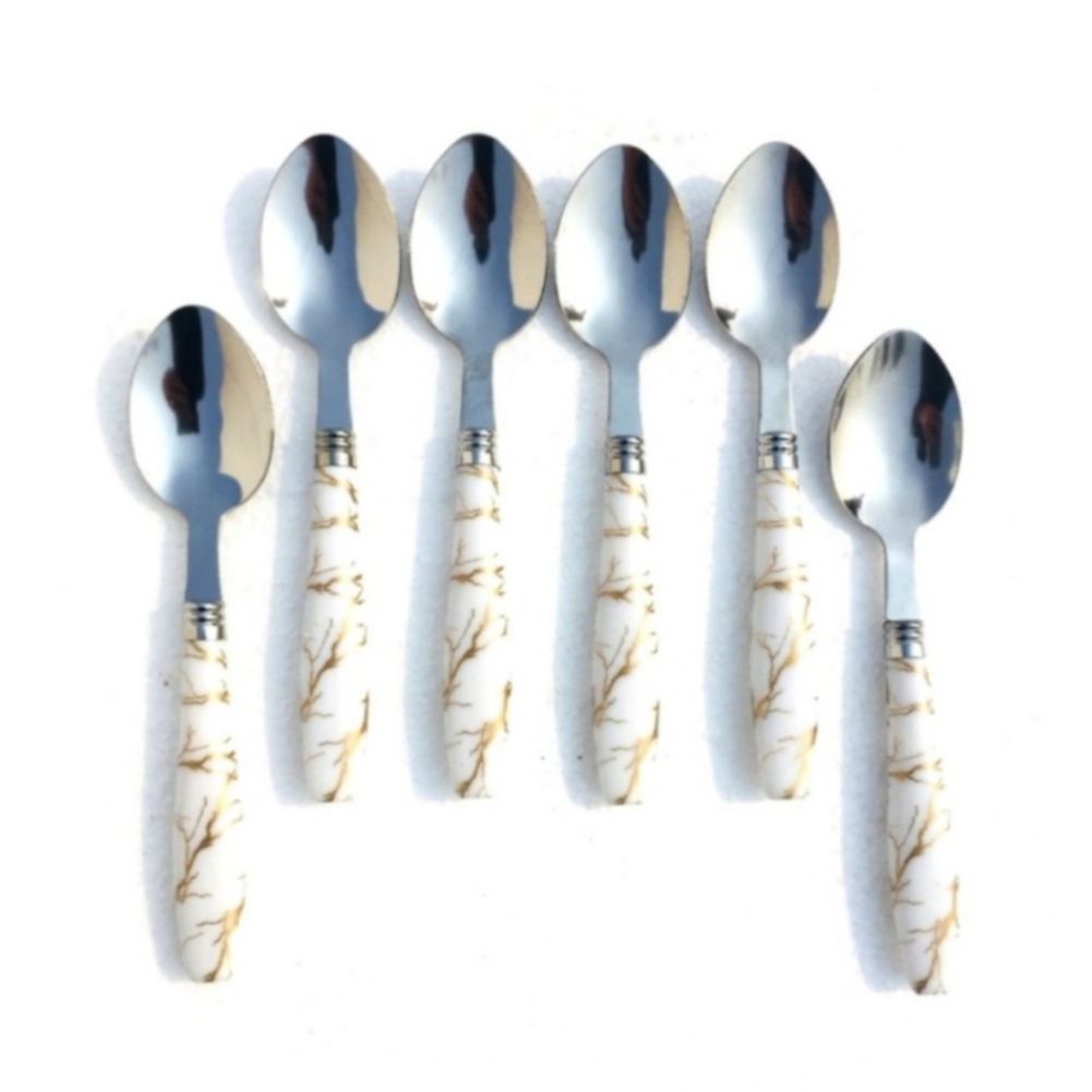 Qawvler Spoon Set White Marble Design Dinner Spoon (Pack of 6)