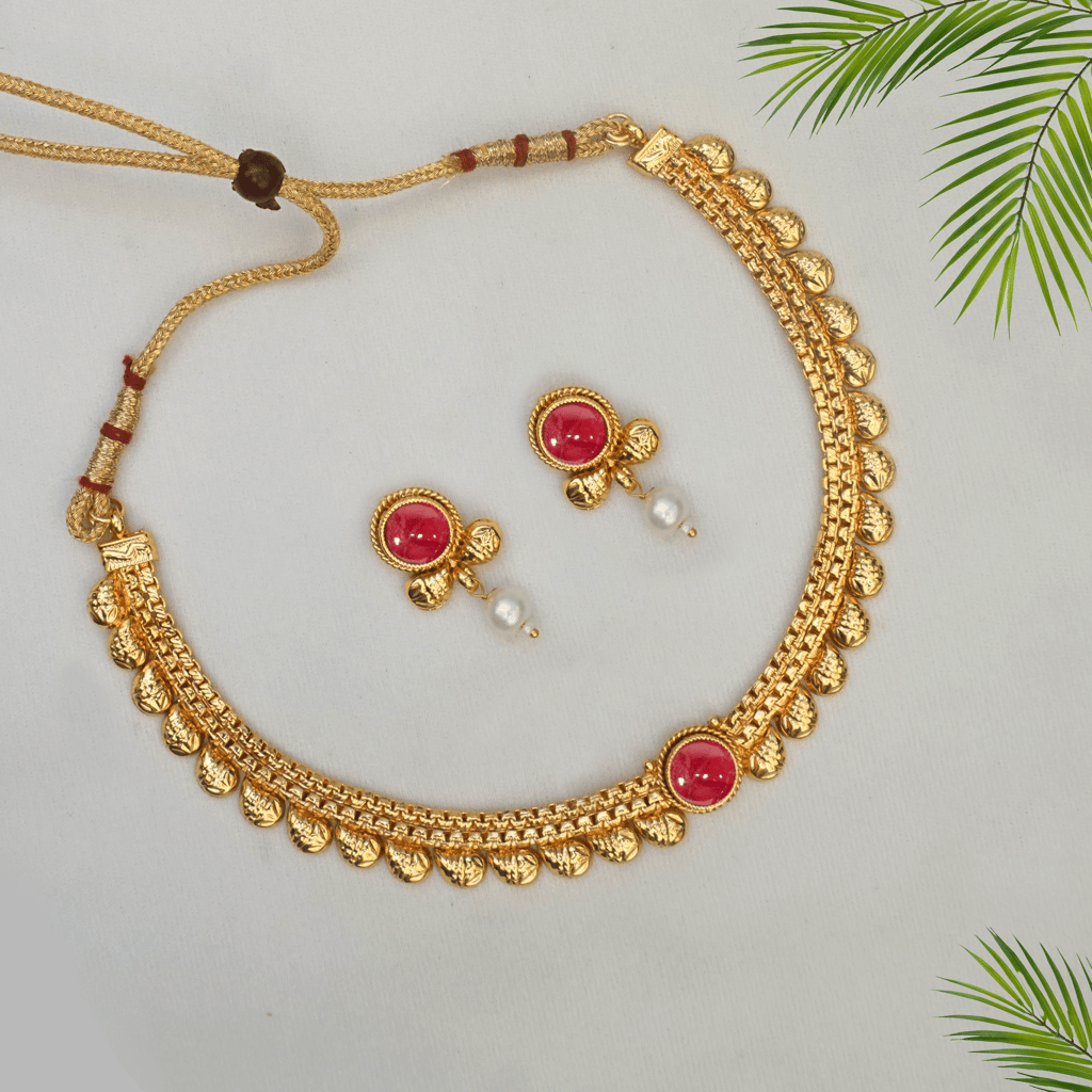 Gold-Plated Green & Red Ruby Stone-Studded Handcrafted Jewellery Set