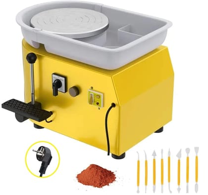 Yellow Pottery Machine 350W Motor, 25cm Wheel, Dual-Speed Control (Foot Pedal & Hand Lever), Reversible Operation, Includes 1kg Natural Clay Powder and Tool Set - Ideal Gift