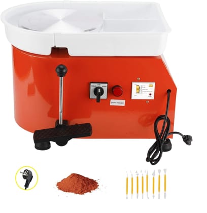 Red Pottery Machine 280W Motor, 25cm Wheel, Dual-Speed Control (Foot Pedal & Hand Lever), Reversible Operation, Includes 1kg Natural Clay Powder and Tool Set - Ideal Gift