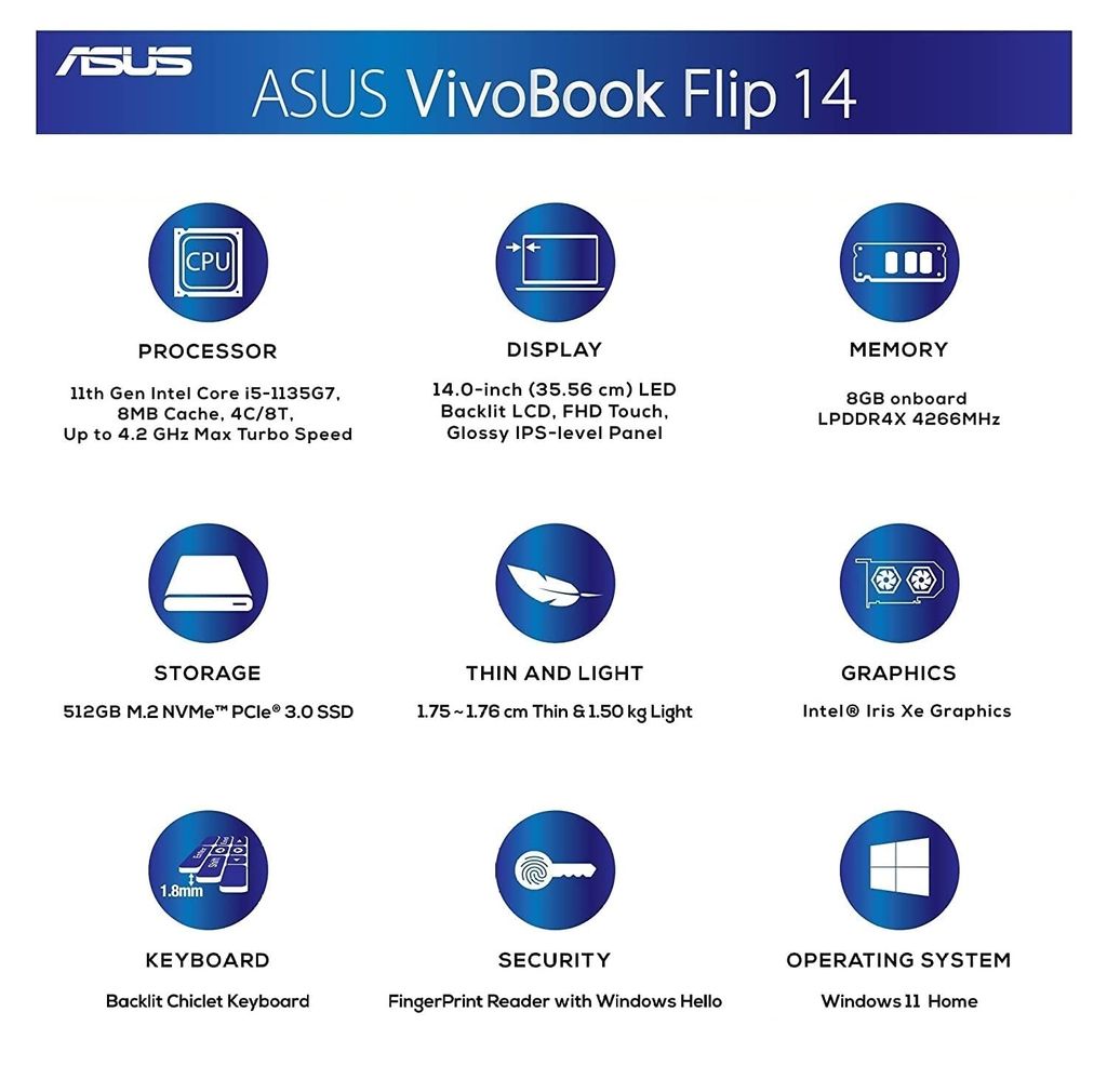 ASUS VivoBook Flip 14 (2021) Intel Core i5-1135G7 11th Gen 14 inches FHD LED IPS Touch 2-in-1 Laptop (8GB RAM/512 GB SSD/Windows 11/MS Office H&S/1 Year...