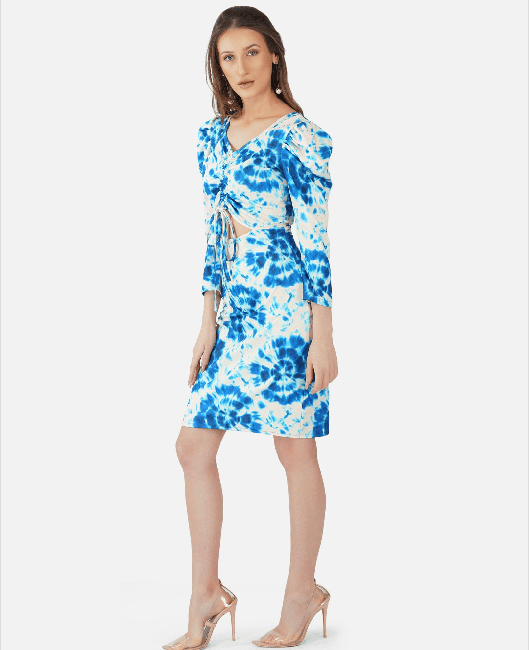 ATTIRIS Women's Lycra Tie - Dye Printed Knee Length Puff Sleeve Round Neck Bodycon Dress, Blue