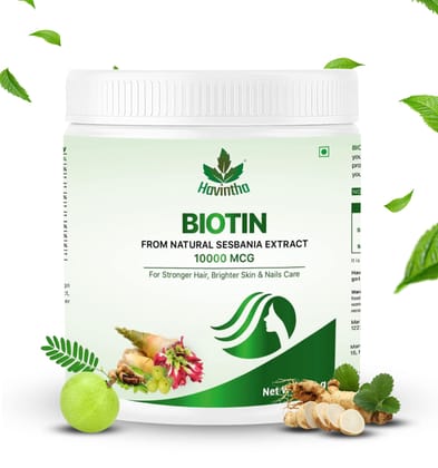Havintha Natural Plant Based Biotin for Hair Growth 10000mcg+ with Sesbania Agati Extract and Bamboo Shoot for Men & Women | Biotin Supplement Help in Hairfall, Glowing Skin & Nails - 120 Gm