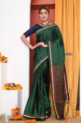 HANDWOVEN! Traditional Khun Cotton Silk Authentic Saree, Dark Green With Red Border