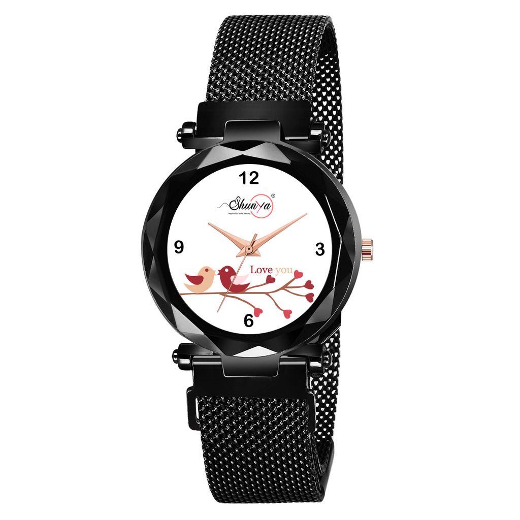Bhakti Fashion Black Mesh Magnetic Love Dial Analog Watch For Women & Girls