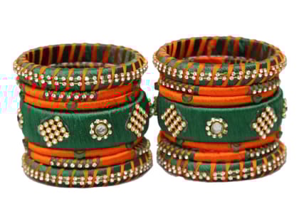 BENIWAL COLLECTION New Traditional Handmade Kundan Silk Thread Bangles Set ,Latest Beautiful Churiya for Ladies and girls Party and Casual Wear GREEN & Orange (Set of 14)
