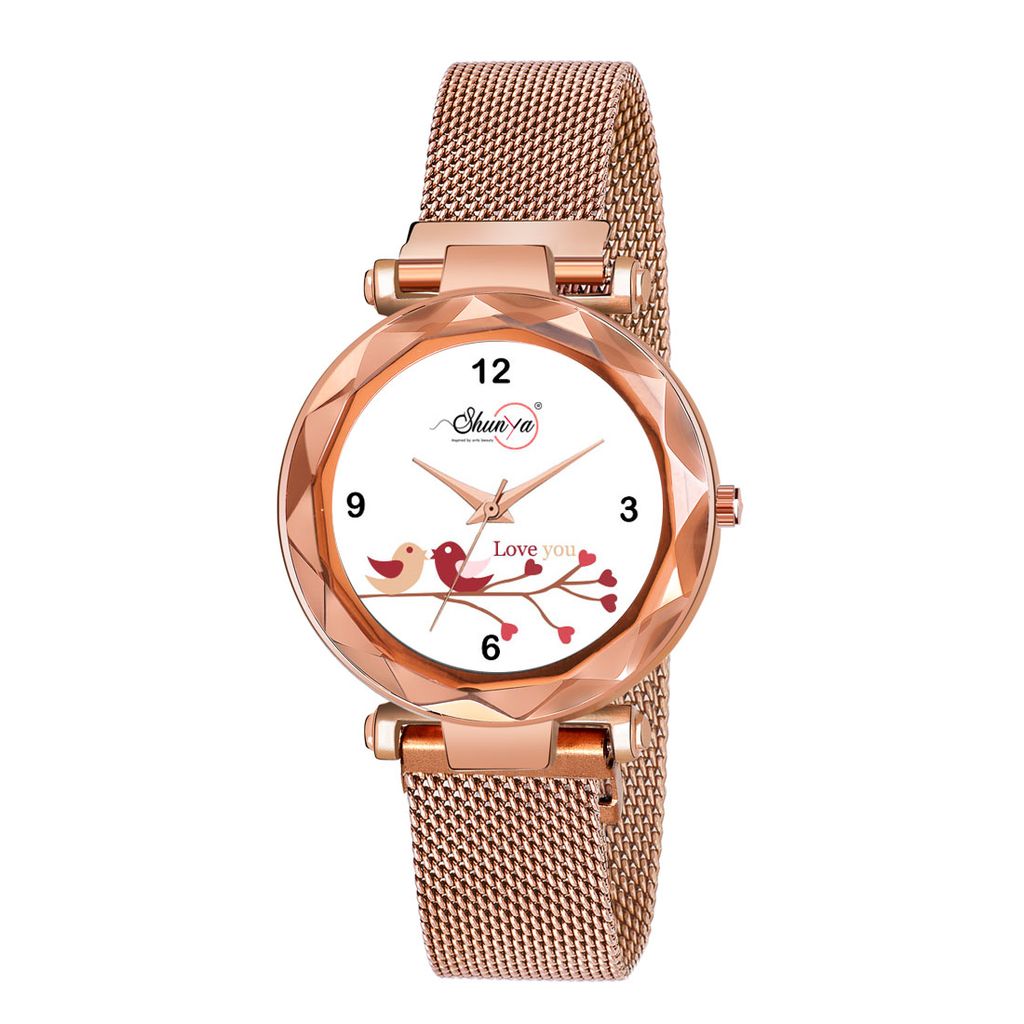Bhakti Fashion Golden Mesh Magnetic Love Dial Analog Watch For Women & Girls