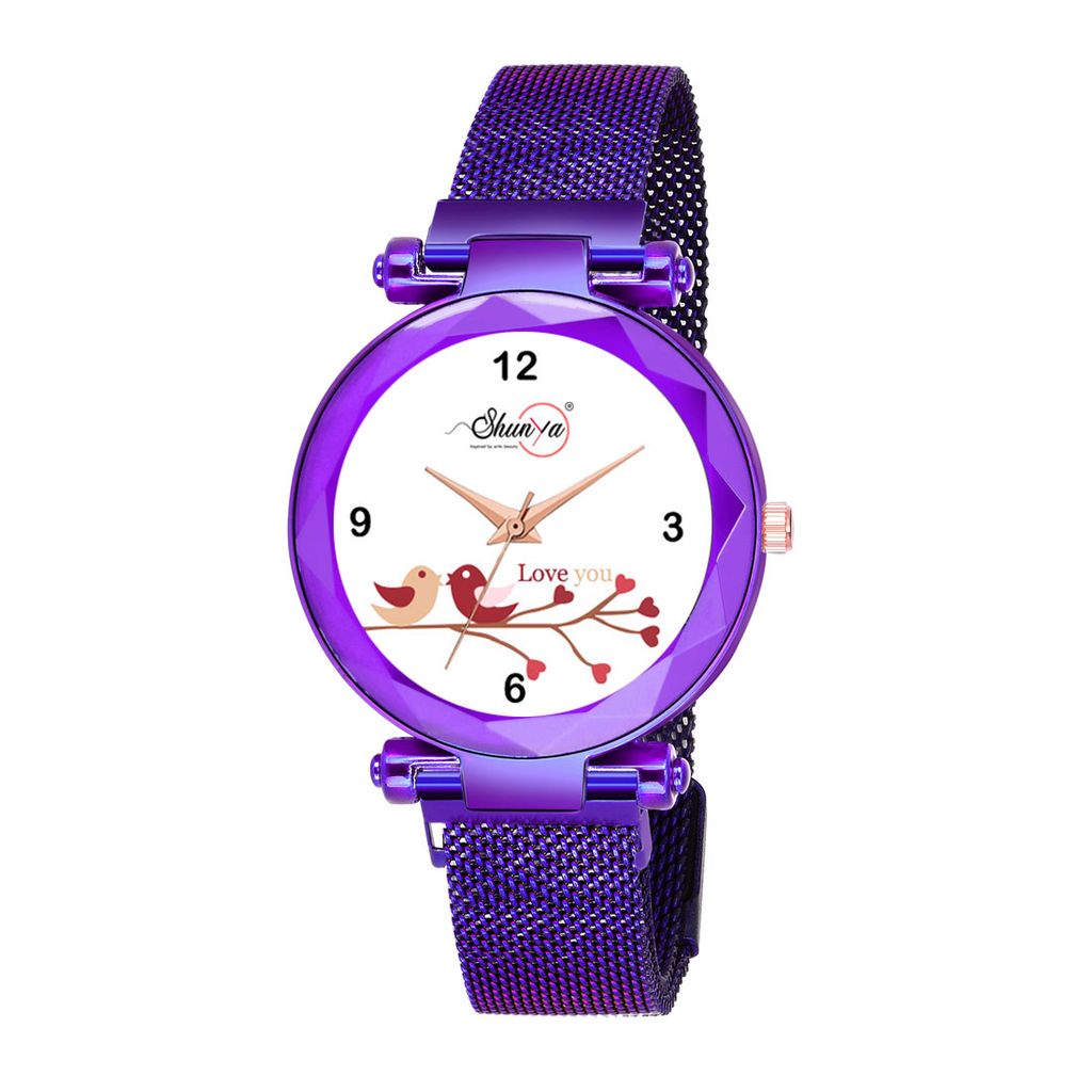 Bhakti Fashion Purple Mesh Magnetic Love Dial Analog Watch For Women & Girls