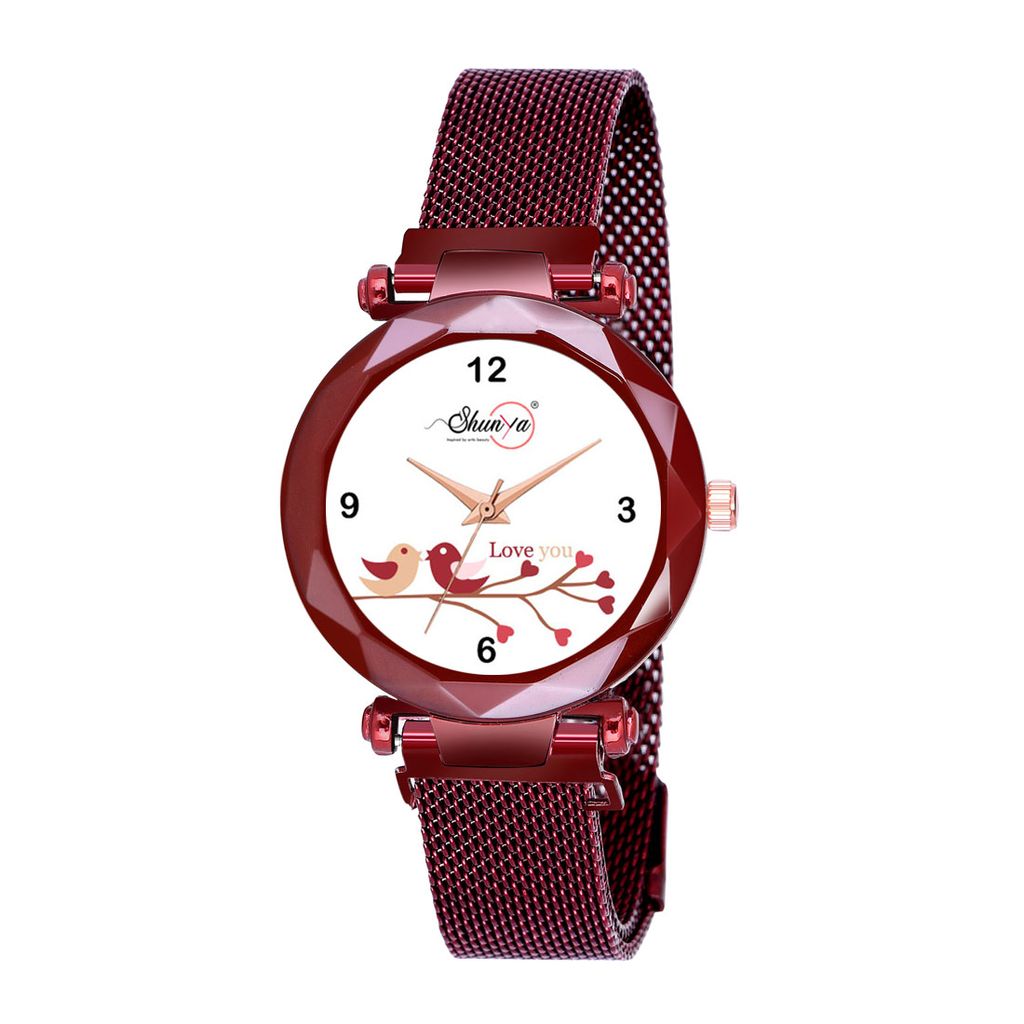 Bhakti Fashion Red Mesh Magnetic Love Dial Analog Watch For Women & Girls